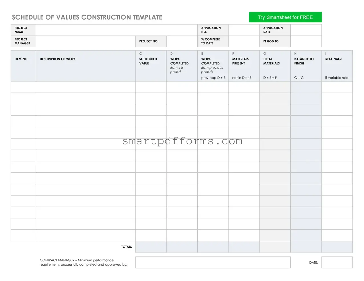 Blank Schedule Values PDF Template