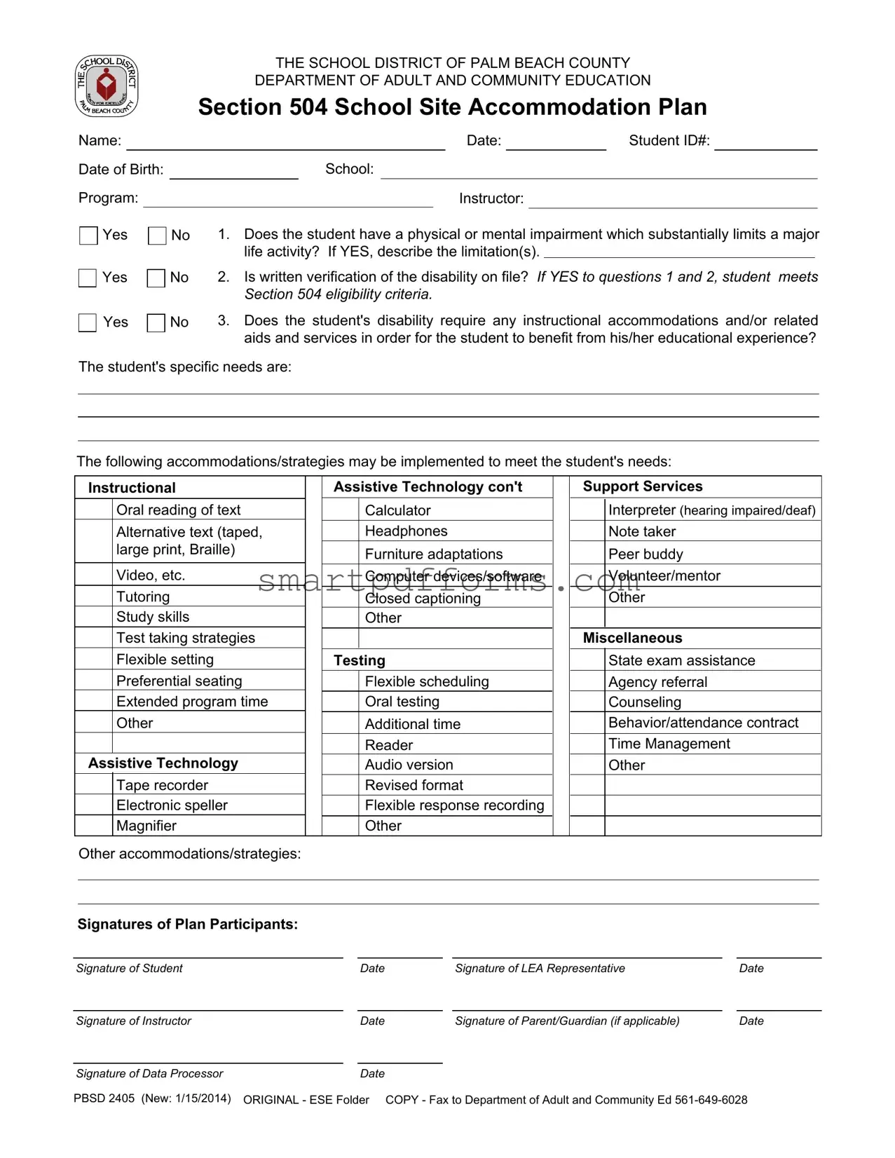 Blank School 504 PDF Template