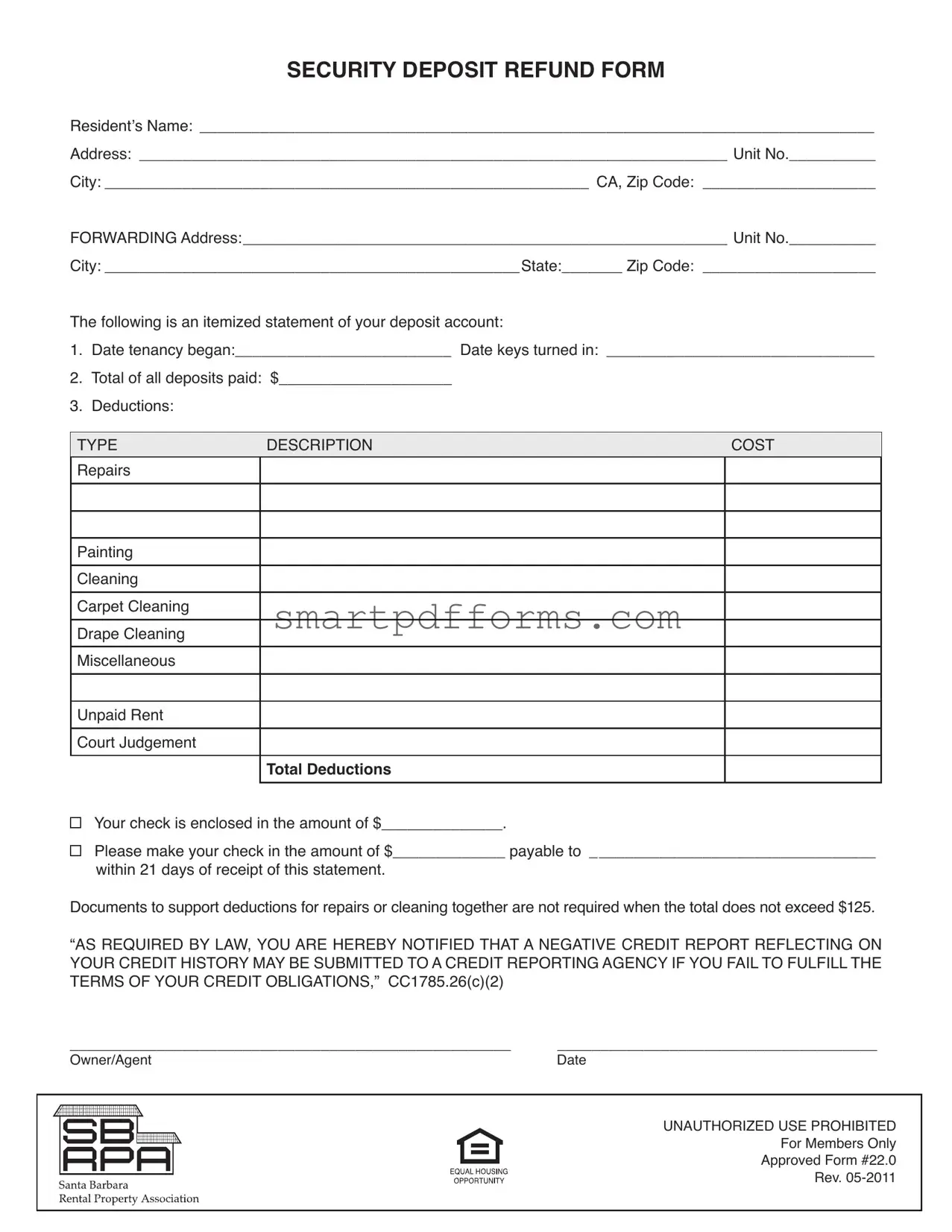 Blank Security Deposit Deductions PDF Template