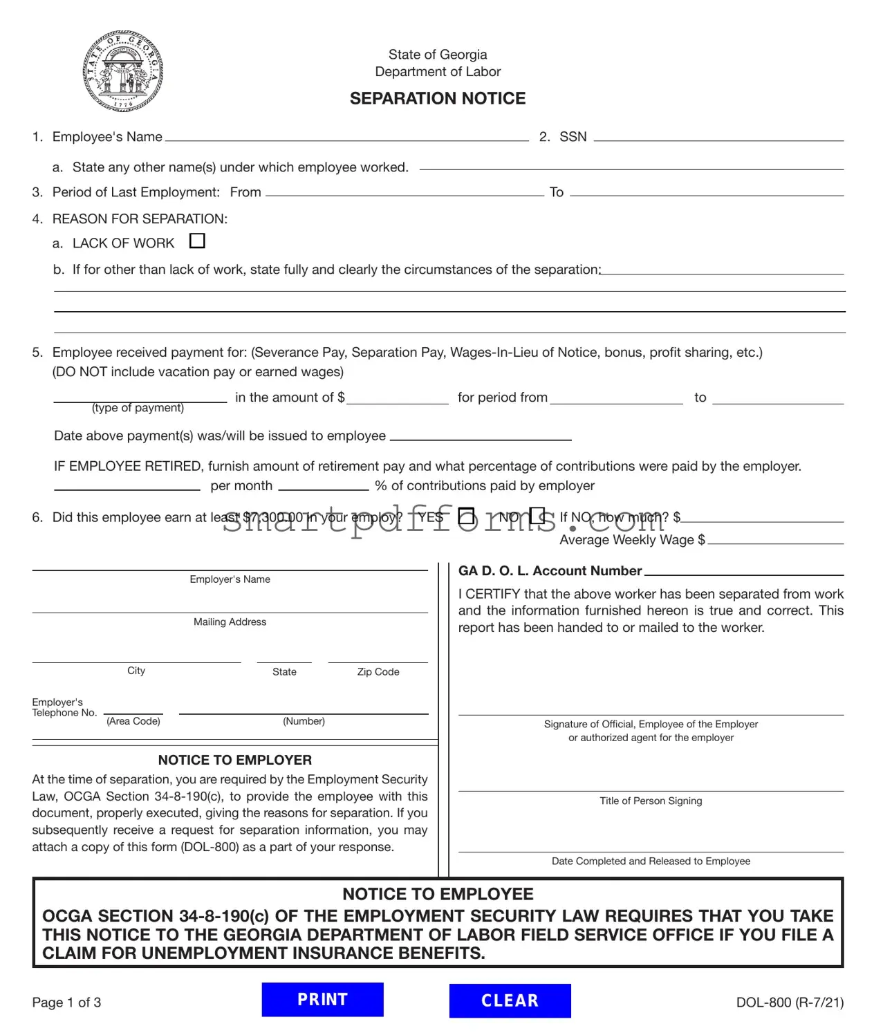 Blank Separation Notice For Ga PDF Template