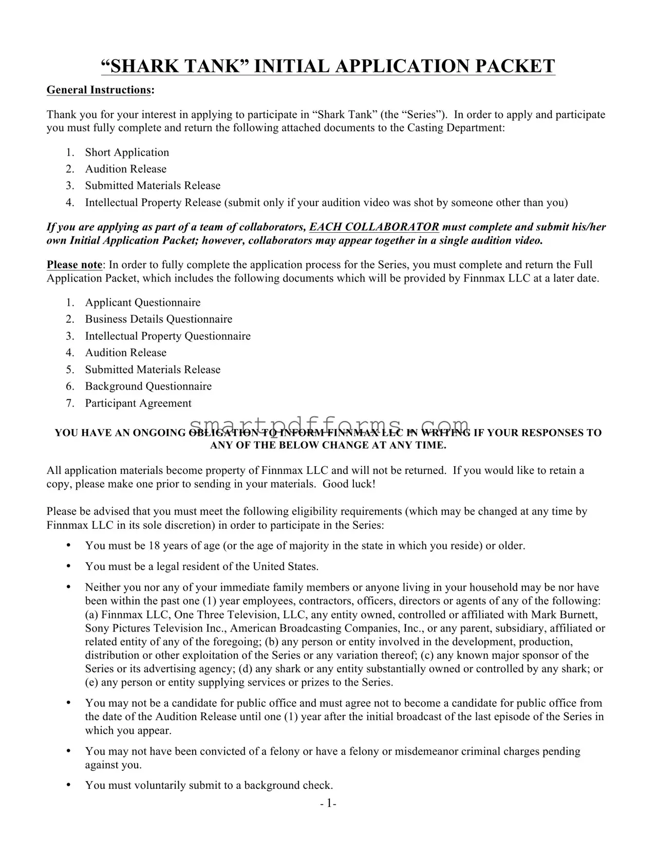 Blank Shark Tank Application PDF Template