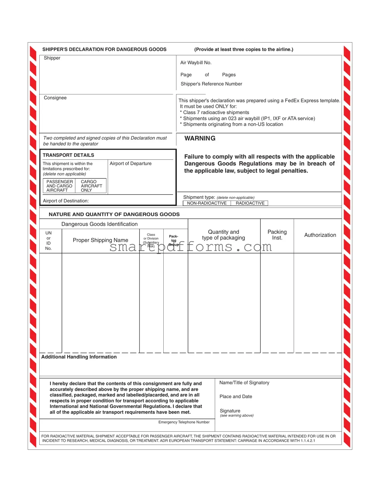 Blank Shipper Export Declaration PDF Template