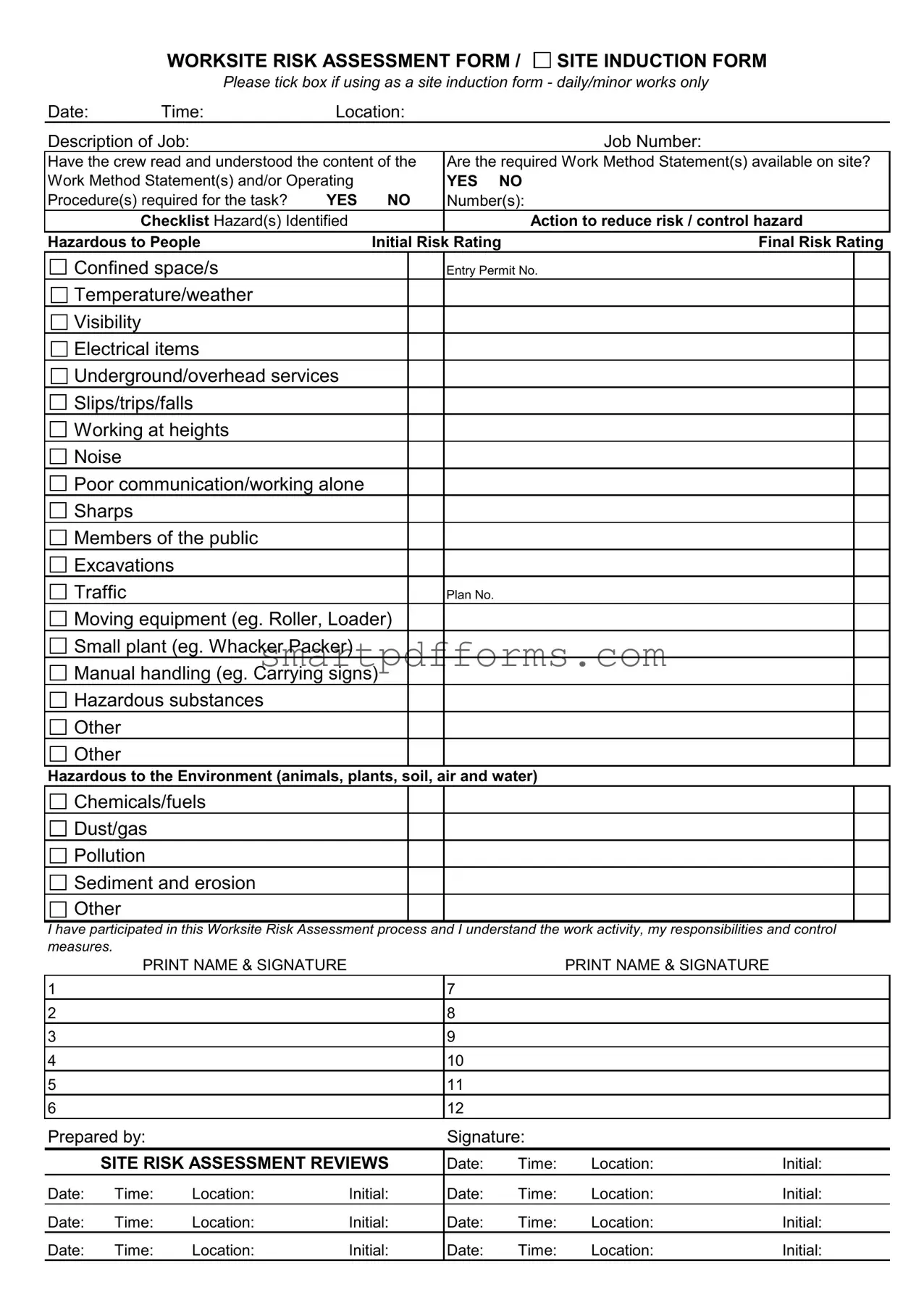 Blank Site Induction Sheet PDF Template
