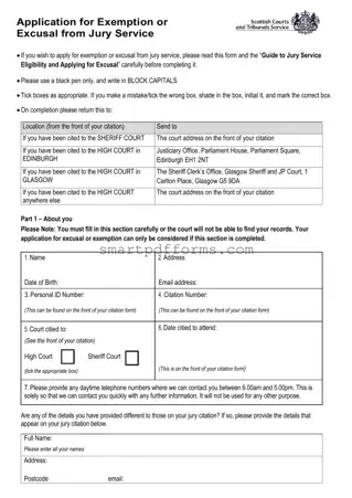 Blank Application For Exemption Or Excusal From Jury Service PDF Template