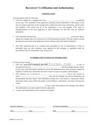 Blank Borrowers Certification Authorization PDF Template