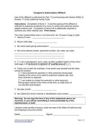 Blank Caregivers Authorization Affidavit PDF Template