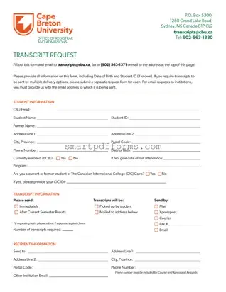 Blank Cbu Transcript Request PDF Template