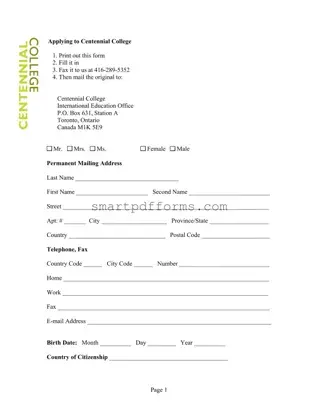 Blank Centennial College Application PDF Template