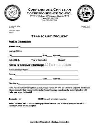 Blank Cornerstone Christian Correspondence School Transcript PDF Template