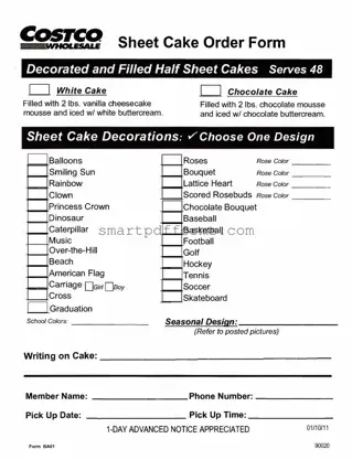 Blank Costco cake order form PDF Template