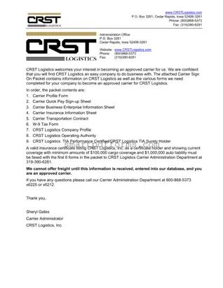 Blank Crst Logistics Carrier Packet PDF Template