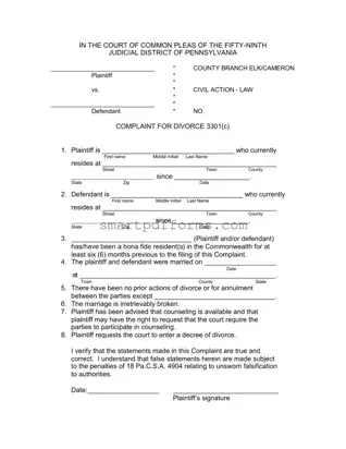 Blank Divorce In Pa PDF Template