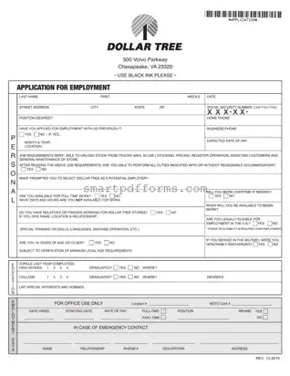 Blank Dollar Tree Application PDF Template