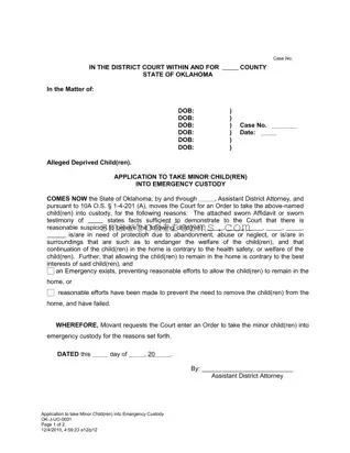 Blank Emergency Custody Oklahoma PDF Template