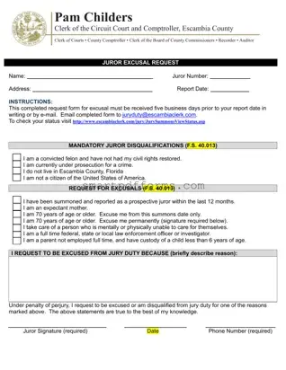 Blank Escambia County Jury Excusal PDF Template