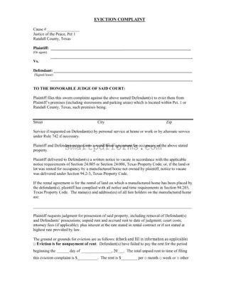 Blank Eviction Complaint PDF Template