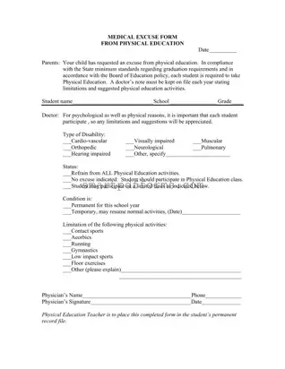 Blank Excuse Physical Education PDF Template