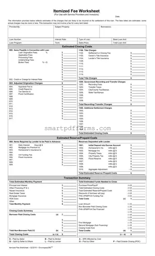 Blank Fee Worksheet PDF Template