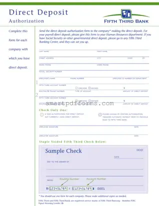 Blank Fifth Third Bank Direct Deposit PDF Template