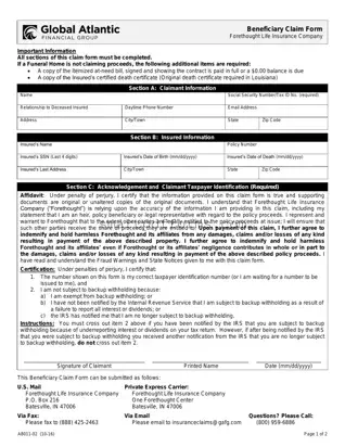 Blank Forethought Life Insurance Claim PDF Template