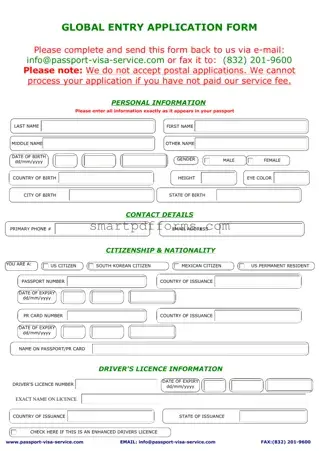 Blank Global Entry Application PDF Template
