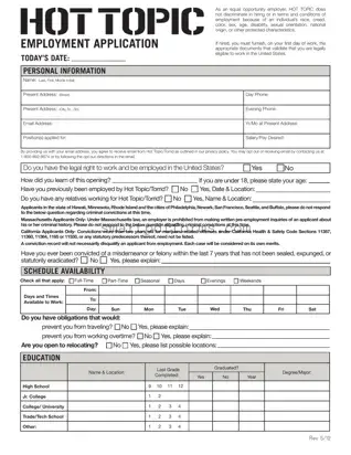 Blank Hot Topic Application PDF Template