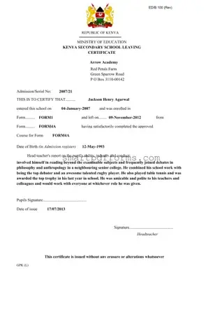 Blank Kcse Leaving Certificate PDF Template