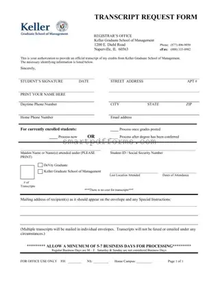 Blank Keller Transcript Request PDF Template