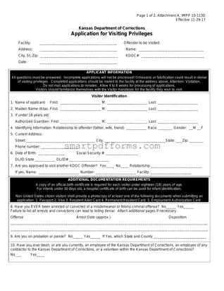 Blank Ks Prison Visitation Application PDF Template