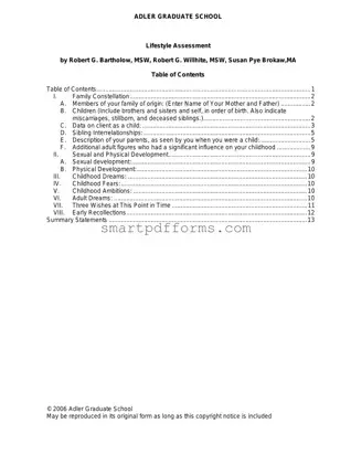 Blank Lifestyle Assessment Adlerian PDF Template