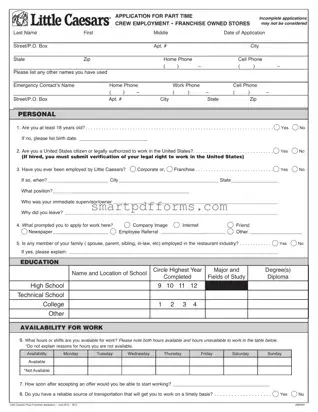 Blank Little Caesars Job Application PDF Template