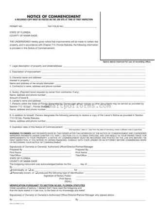 Blank Miami Dade Notice Of Commencement PDF Template