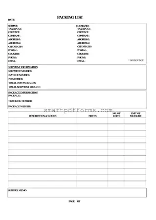 Blank Packing List PDF Template