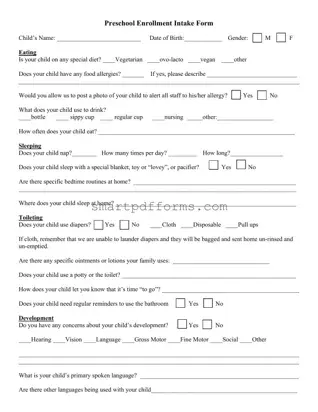 Blank Preschool Enrollment Intake PDF Template