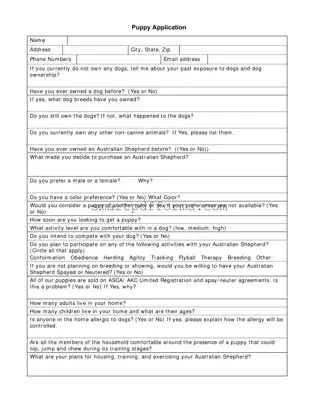 Blank Puppy Application PDF Template