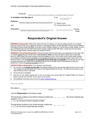 Blank Respondent's Original Answer PDF Template