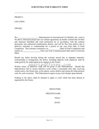 Blank Subcontractor Warranty PDF Template