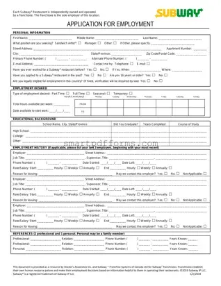 Blank Subway Employment Application PDF Template