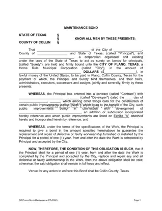 Blank Texas Maintenance Bond PDF Template