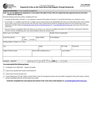 Blank Texas Nurse Aide Registry 5505-NAR PDF Template