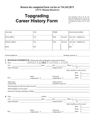 Blank Topgrading Career History PDF Template