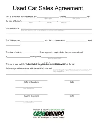 Blank Used Car Agreement PDF Template