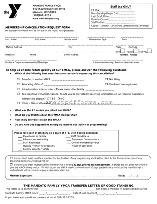 Blank Ymca Member Cancellation Letter PDF Template