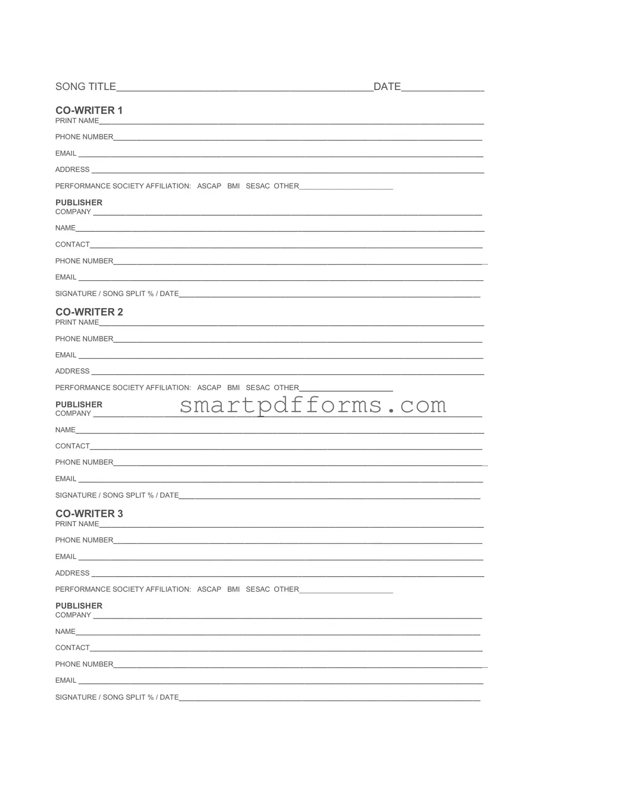 Blank Songwriting Split Sheet PDF Template