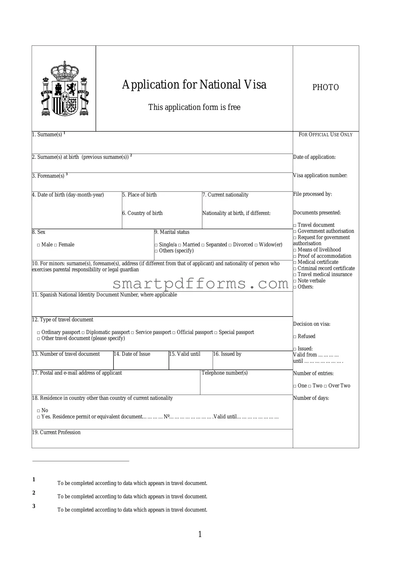 Blank Spain National Visa Application PDF Template