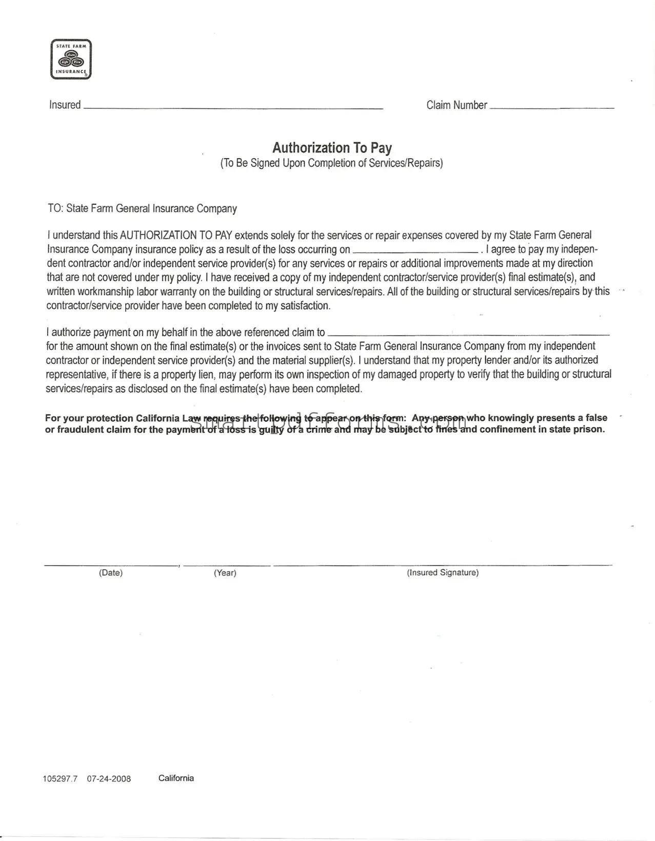 Blank State Farm Authorization To Pay PDF Template