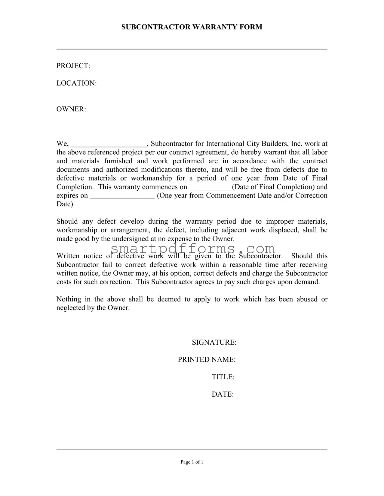 Blank Subcontractor Warranty PDF Template