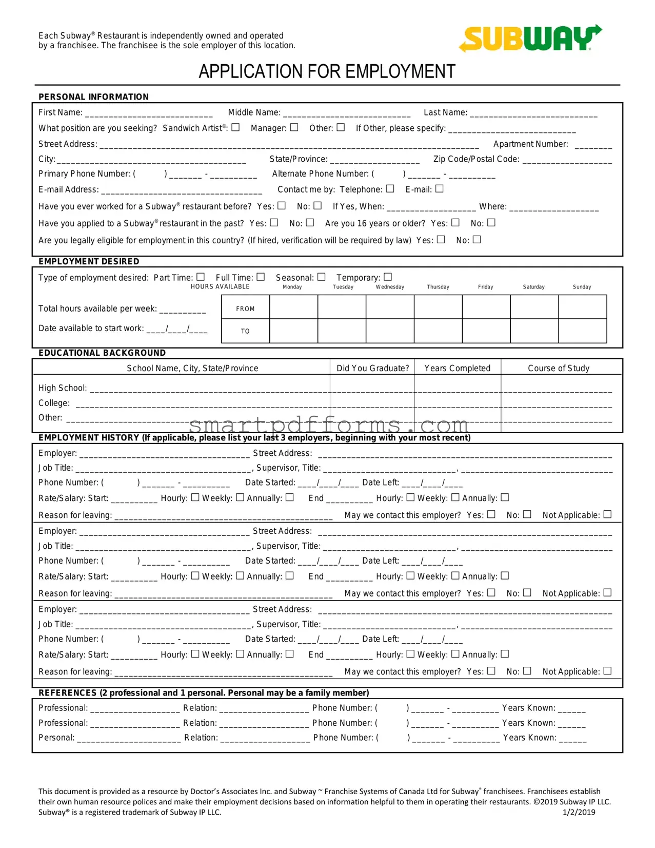 Blank Subway Employment Application PDF Template