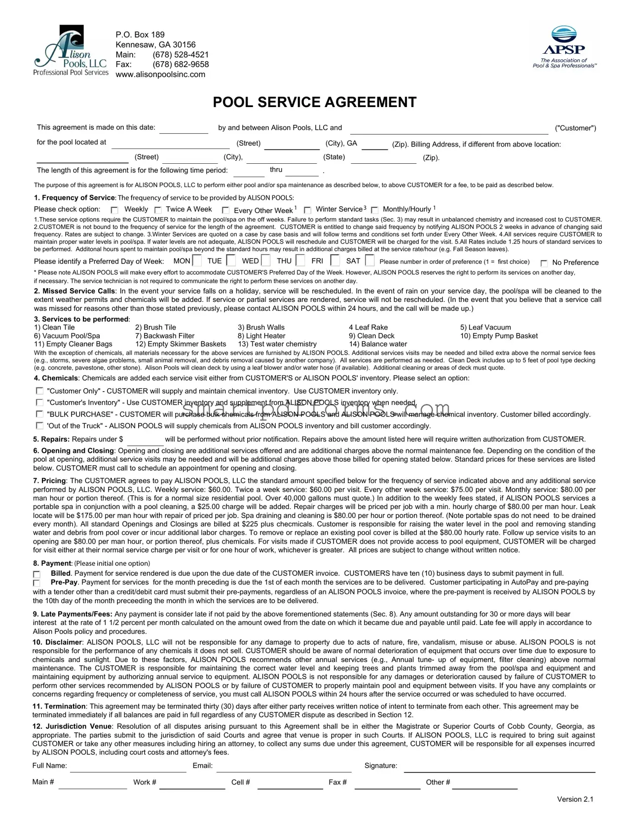 Blank Swimming Pool Service Agreement PDF Template