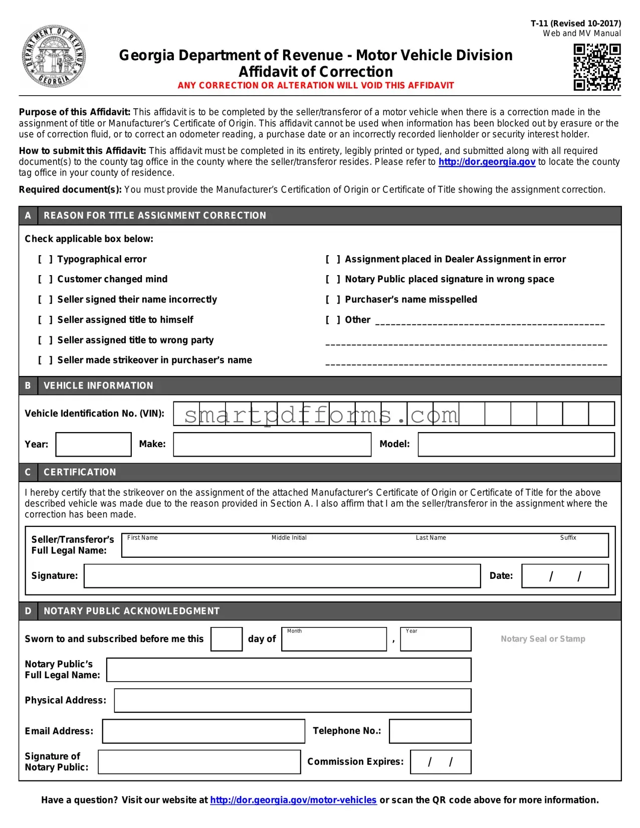 Blank T11 Affidavit Of Correction PDF Template